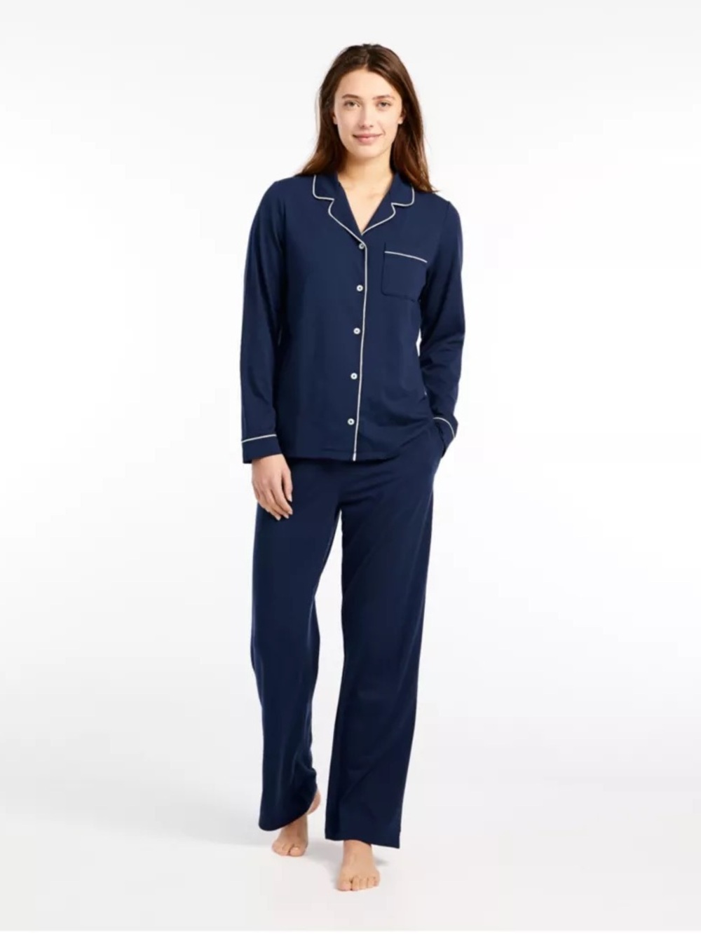 LL Bean Super Soft Shrink-Free Button-Front Long Sleeve Pajama Set Bright Navy